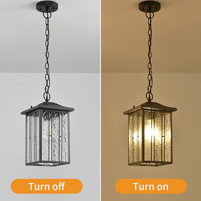 Outdoor Pendant Light, Black Exterior Hanging Lights, LED Outdoor Chandelier, Modern Hanging Lantern for Porch, Ceiling Entry Porch Patio Matte Black with Water-Rippled Glasses