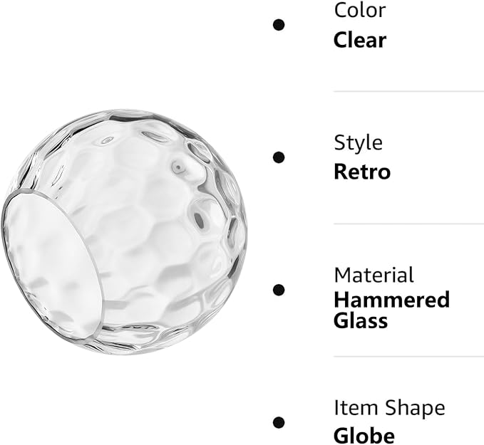 3 Pack Fixture Replacement Globe Shade, 6 Inch Diameter, E26 Base 1-5/8 Inch Fitter, Glass Globe Lampshade Cover for Pendant Wall Sconce Chandelier Vanity Light (3 Pack 6 Inch Clear Hammered Glass)