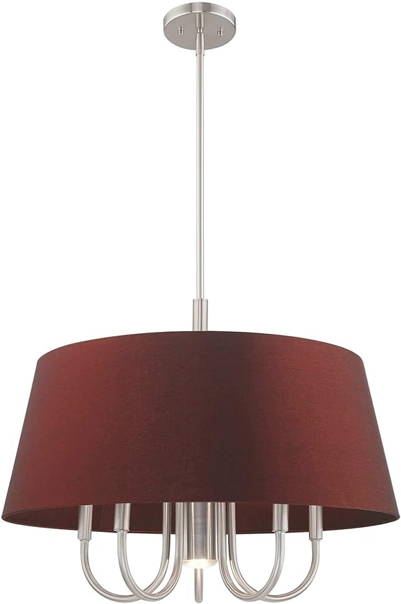 Livex Lighting 52905-91 Belclaire - Six Light Chandelier, Brushed Nickel Finish with Red Wine Fabric Shade