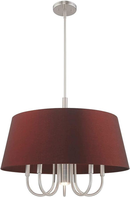 Livex Lighting 52905-91 Belclaire - Six Light Chandelier, Brushed Nickel Finish with Red Wine Fabric Shade