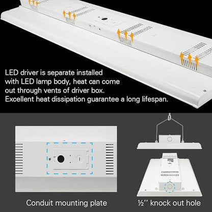 Konlite 4FT Linear LED Highbay Light - Pack of Two - 225W - 30600LM - 1-10V dimmable - 5000K Daylight White - UL and DLC Listed - Replaces 6-8 Lamp Fluorescent T5 Fixture