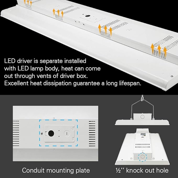 Konlite 4FT LED High Bay Light - Pack of 2-300W - 42000LM - 1-10V dimmable - 5000K - UL and DLC Listed - Replaces 8 Lamp Fluorescent T5 Fixture