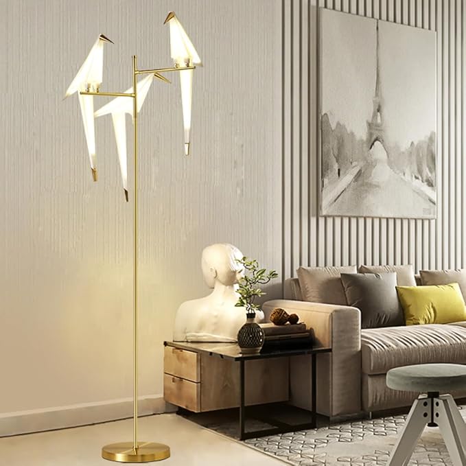 Modern Gold Floor Lamp Creative Crane Bird Standing Floor Lamp Tall Unique Lamps Metal Standing Light 3 Vivid Birds Shade Art Deco Floor Lamps for Living Room Bedroom - White Light
