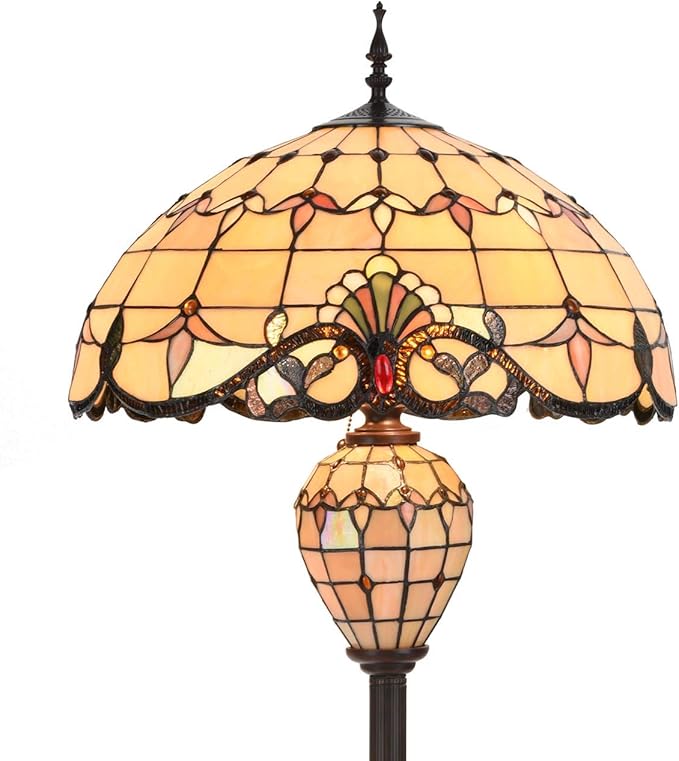 Bieye L10803 Baroque Tiffany Style Stained Glass Double Lit Floor Lamp for Home Decor 64-inch Tall (20-inch Wide, Cream)