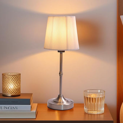 Rechargeable Table Lamp, Cordless Touch Lamps, Portable Desk Light with Stepless Dimmable Brightness & Fabric Shade for Nightstand Bedside Living Room (Silver, Twill)