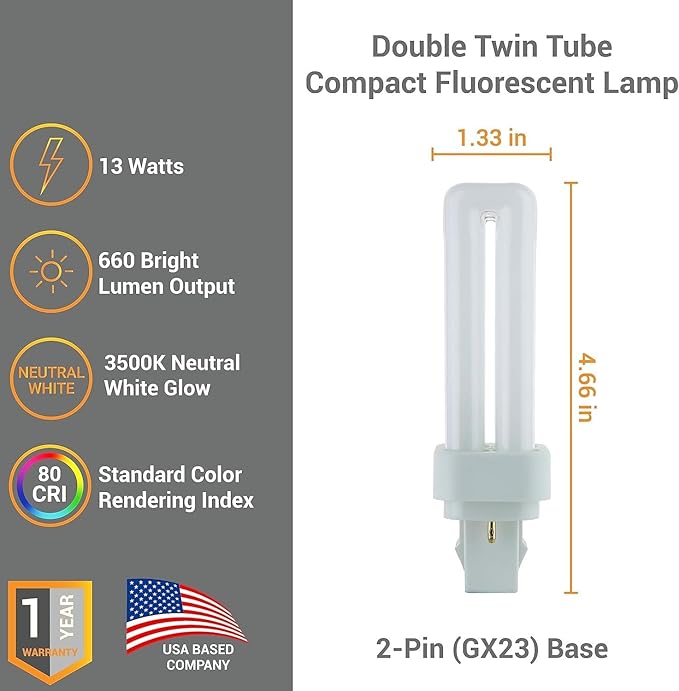 Diodesy- PLD Double U-Shaped Twin Tube CFL Bulbs 13W 660 Lumens Plug-in GX23-2 2-Pin Base 3500K Neutral White Pack of 10- Compact Fluorescent Light Bulb