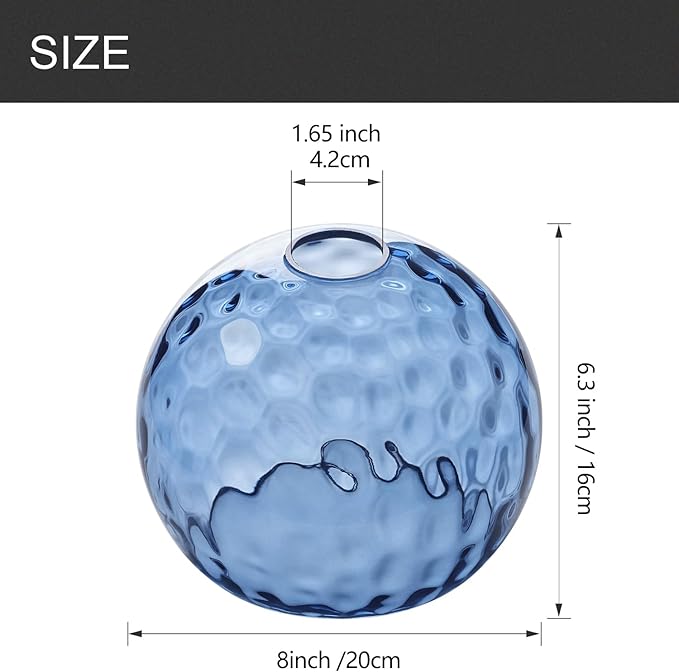 Fixture Replacement Globe Shade with 1.65 Inch Fitter, 8 Inch Diameter, E26 Base 1-5/8 Inch Fitter, Glass Lampshade Cover for Pendant Wall Sconce Chandelier Vanity Light (Hammered Blue)