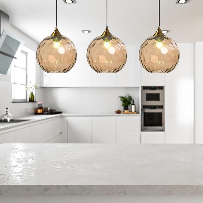 7.8 Inches Amber Glass Globe Pendant Lights Fixtures E26 Modern Farmhouse Glass Ball Pendant Lighting with Gold Brass Finish (Amber)
