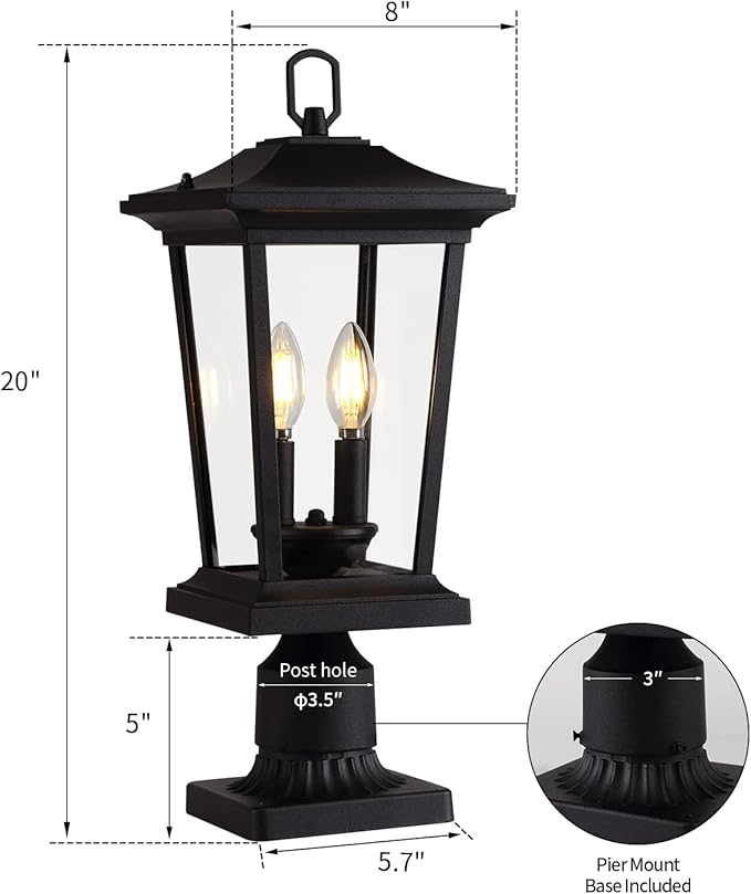 Outdoor Post Lights, Cast Aluminum Lamp Post Light Fixture, 2-Light Pole Mount Light with Clear Glass, Outdoor Pier Mount Light Matte Black Finish