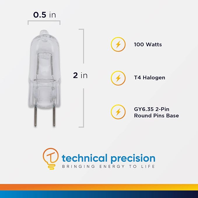 Technical Precision Replacement for Gilway/GTL/Itl L7390a Light Bulb Halogen 100W Light Bulb with GY6.35 2-Pin Base - T4 Bulb 12V Clear Bipin Halogen Bulb - 1 Pack