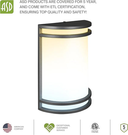ASD 10 Inch LED Outdoor & Indoor Wall Mount Light Fixture - Matte Black Modern Wall Sconce Lighting - 15W 120-277V 3000K 4000K 5000K Dimmable Front Door & Patio Exterior Lights - ETL, 2 Pack