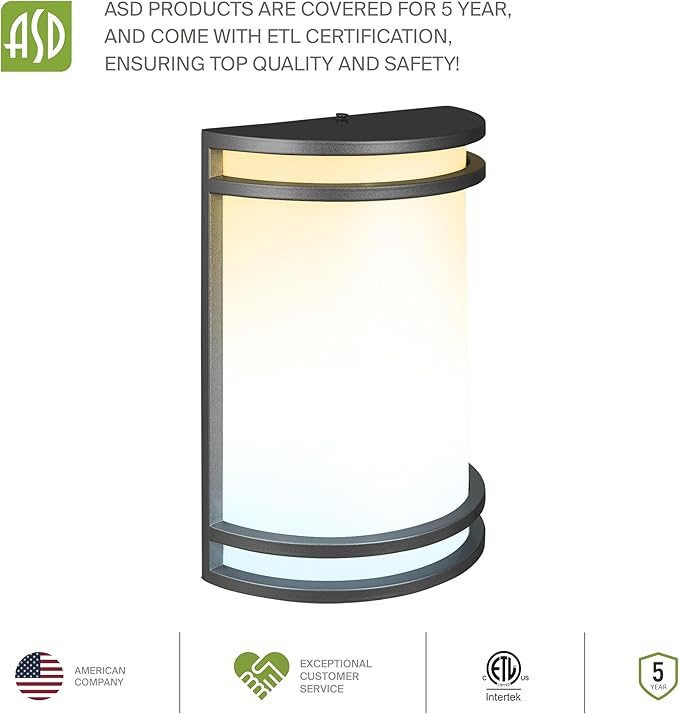 ASD 10 Inch LED Outdoor & Indoor Wall Mount Light Fixture - Matte Black Modern Wall Sconce Lighting - 15W 120-277V 3000K 4000K 5000K Adjustable Dimmable Front Door & Patio Exterior Lights - ETL