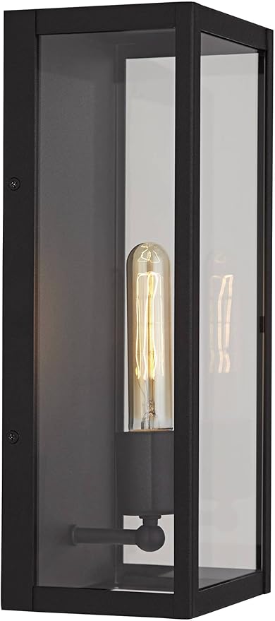 John Timberland Cornell Modern Industrial Box-Shaped Outdoor Wall Light Fixture Sand Black Metal 14 1/4" Clear Glass for Exterior House Porch Patio Outside Deck Garage Yard Front Door Garden