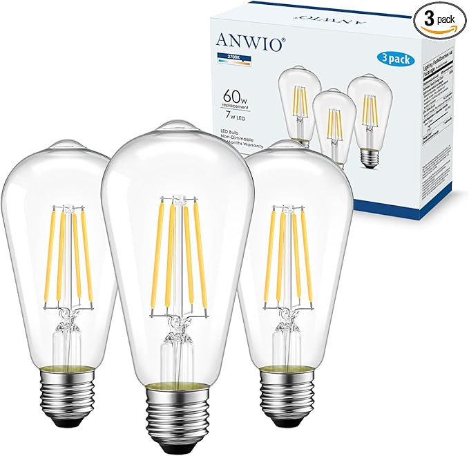 ANWIO Vintage LED Edison Bulbs 3-Pack, 7W, Equivalent 60W, Non-Dimmable, ST58 2700K Warm White Antique LED Filament Bulbs,E26 Medium Base, Clear Glass Style for Home and Commercial