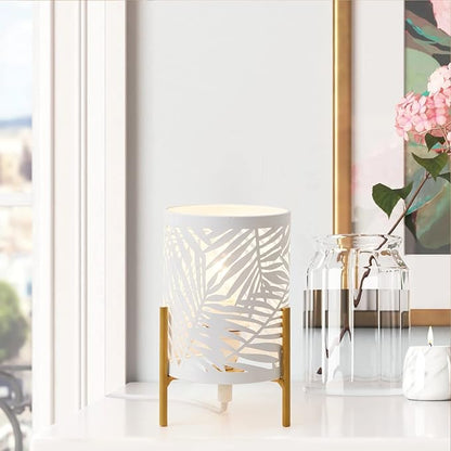 OuXean Decorative Table Lamp, Golden Tripod Stand with White Metal Hollowed Lampshade, Night Light for Bedside, E12 40W, No Bulb