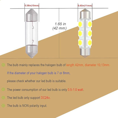 42mm DC 24V 578 569 Festoon LED Bulb Extremely Super Bright 6000K White,561 562 566 Led Light Bulb for Truck Marine Boat Interior Reading Lights (Pack 6)