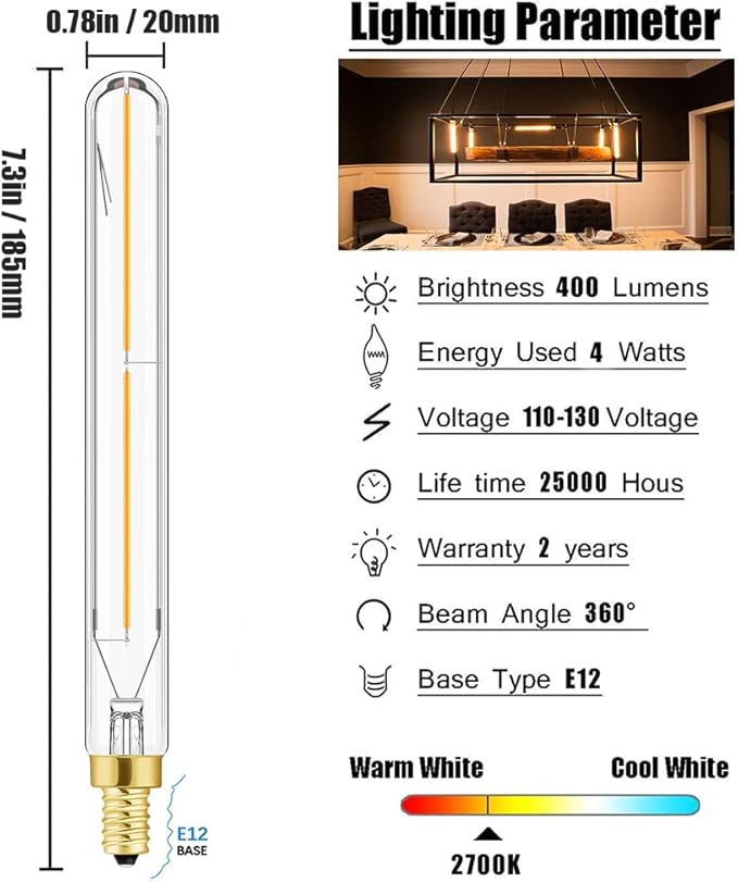 Leools E12 Led Long Bulb,7.3Inch Long Tubular Light Bulbs,T6 B11 Candelabra Bulb 40 watt for Chandeliers,Clear Glass,Warm White,2700K 400LM 4W Dimmable Tube E12 Led Edison,185mm,6Pack