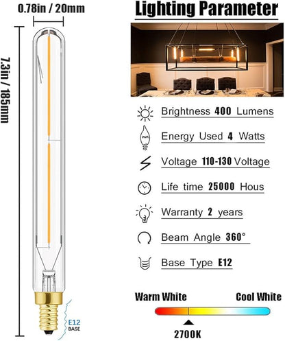 Leools E12 Led Long Bulb,7.3Inch Long Tubular Light Bulbs,T6 B11 Candelabra Bulb 40 watt for Chandeliers,Clear Glass,Warm White,2700K 400LM 4W Dimmable Tube E12 Led Edison,185mm,6Pack