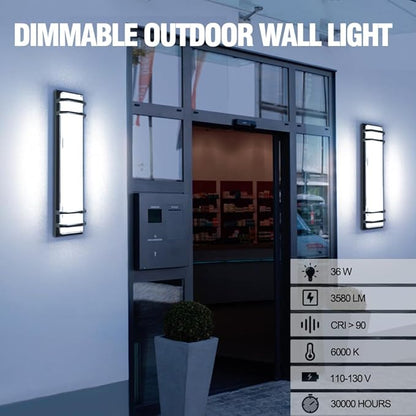 Sytmhoe 23.6in Large Outdoor Wall Lights, 36w 6000K LED Dimmable Modern Porch & Patio Wall Light Fixture, Black Exterior Sconce Wall Mounted Lights for Garage Living Room Courtyard House(6000K)