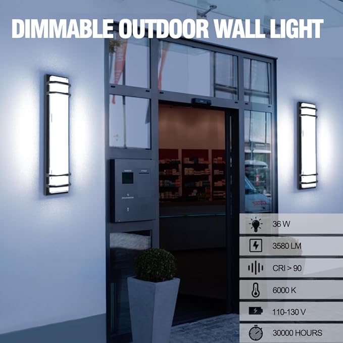 Sytmhoe 2Packs 6000K Outdoor Wall Lights, 23.6in LED 10%-100% Dimmable Modern Porch & Patio Wall Light Fixture, Black Exterior Sconce Wall Mounted Lights for Garage Living Room Courtyard House(6000K)