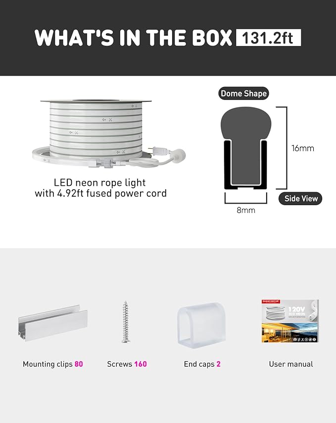 Shine Decor LED Rope Lights AC 120V, Connectable & Cuttable Dotless 120LEDs/M Eco Neon Strip Lighting, ETL IP65 Waterproof & Weather-Resistant for Home Commercial, 8x16mm, 4500K Neutral White, 131.2FT