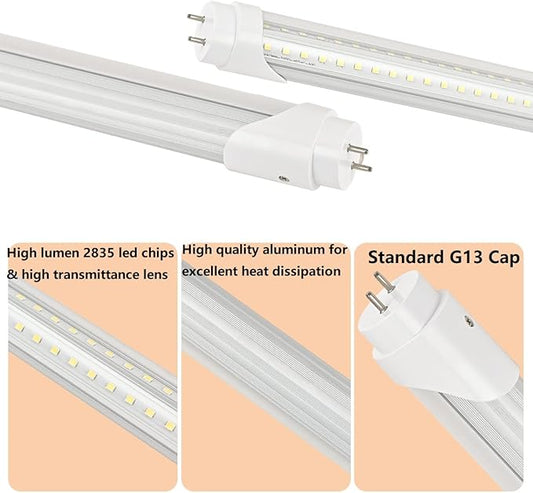 12-Pack 6FT T8 LED Tube Light Bulb 40W G13 Bi-Pin Cap with 6000K Cool White Dual-Row LEDs T8 T10 T12 Fluorescent Light Bulbs Replacement 6 Foot Shop Lights