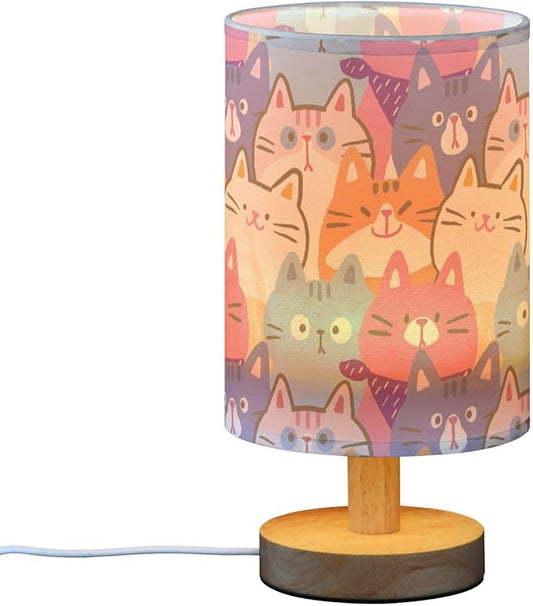 Bedside Lamp Cartoon Cat Table Lamp for Bedroom LED Nightstand Lamp Shade USB Ports Wood Base for Living Room Dorm Office