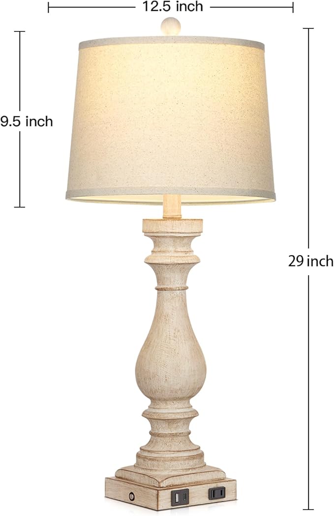 29" Farmhouse Table Lamp for Living Room Set of 2,Vintage Bedside Lamps with USB C+A Ports & AC Outlet,3-Way Dimmable Touch Control White Washed Finish Nightstand Lamp for Bedroom,Beige