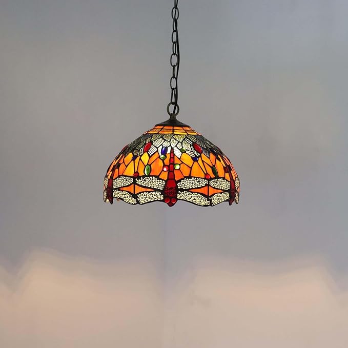 Bieye S10689 Tiffany Style Stained Glass Dragonfly Lampshade (Blue Orange, 12-inch)