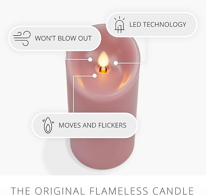 Luminara Blooming Mauve Garden Pillar Candles - Flameless Real-Flame Nature-Inspired Battery Operated LED Decor - Spring Summer Collection - 3" x 6.5"