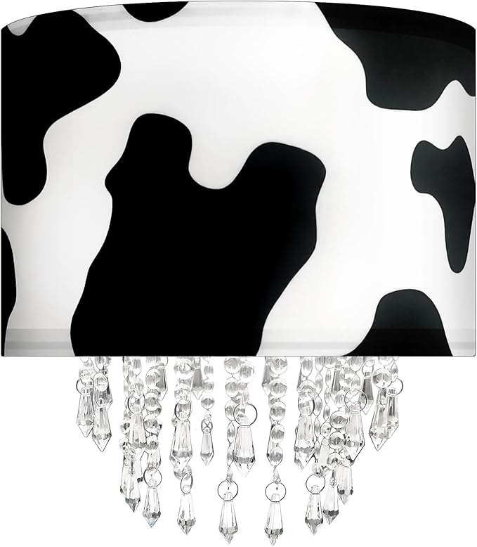 Black White Cow Print Lamp Shade with Acrylic Bead Droplets, Animal Drum Fabric Light Shade for Pendant Table & Floor Lamp, Cute Party Room Decor for Grandchild Kids Teens, 11.8in