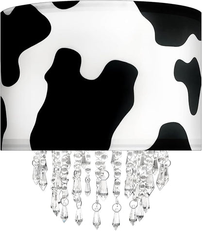 Black White Cow Print Lamp Shade with Acrylic Bead Droplets, Animal Drum Fabric Light Shade for Pendant Table & Floor Lamp, Cute Party Room Decor for Grandchild Kids Teens, 11.8in