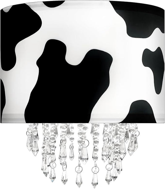 Black White Cow Print Lamp Shade with Acrylic Bead Droplets, Animal Drum Fabric Light Shade for Pendant Table & Floor Lamp, Cute Party Room Decor for Grandchild Kids Teens, 11.8in