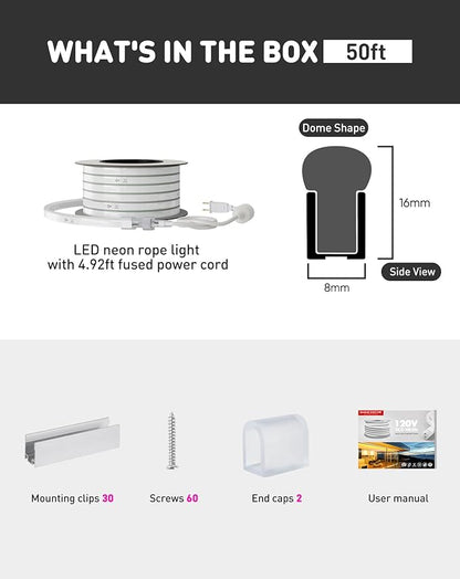 Shine Decor LED Rope Lights AC 120V, Connectable & Cuttable Dotless 120LEDs/M Eco Neon Strip Lighting, ETL IP65 Waterproof & Weather-Resistant for Home Commercial, 8x16mm, 6000K Cool White, 50FT