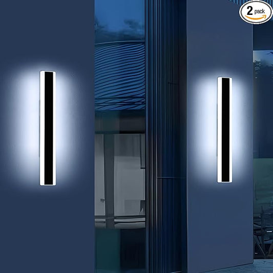 2 Pack 23.6inch Modern Outdoor Wall Light, Black Outside LED Long Wall Sconce, 6000K Cold White, 24W, IP65 Waterproof, Linear Exterior Lighting Fixture for House, Garage, Porch, Garden