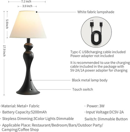 Cordless Table Lamp,Portable Fabric Shade LED Desk Lamps,5200mAh Battery Operated, 3 Color Stepless Dimming Up, for Restaurant, Bedroom,Camping,Coffee Shop,Bar,Night Light(Black)