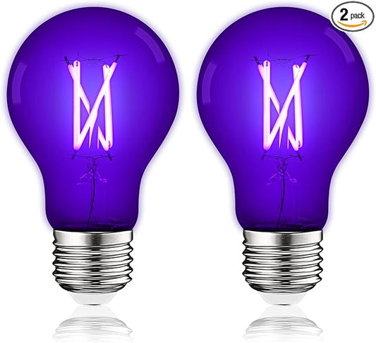 Luxrite A19 Edison UV LED Black Light Bulb, 6W Filament Blacklight Bulb, UVA 397-407nm, Enclosed Fixture Rated, E26 Base, Glow in the Dark for Halloween, Party, Body Paint, Fluorescent Poster (2 Pack)
