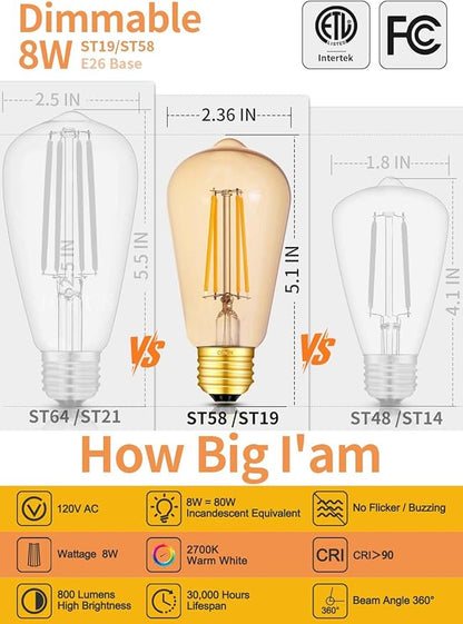 CRLight Dimmable ST58 Antique Vintage Style LED Edison Bulbs, 8W 80W Incandescent 800LM Equivalent, 2700K Warm Amber, ST19 Gilded Glass E26 Base Decorative Light, 8 Pack