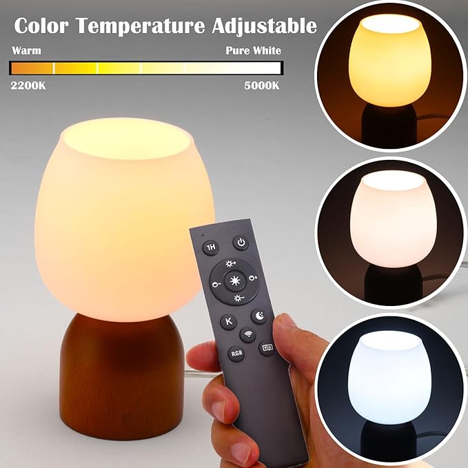 Small RGB Table Lamp for Bedroom, Remote Control Color Changing Desk Lights, with White Opal Glass Lamp Shade, for Living Room Nightstand,Light Brown