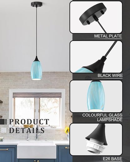 ANYLOVE Vintage Art Blue-Gold Pendant Lighting,3-Pack Hand Glass Hanging Light Fixture,Adjustable Cord for Kitchen,Hallway,Dining Room