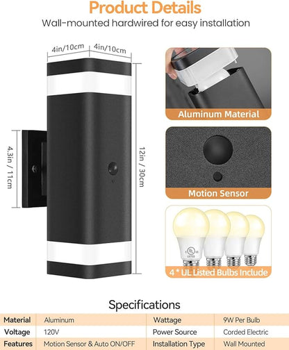 RAYVO Motion Sensor Outdoor Lights 2 Pack, Modern Dusk to Dawn Exterior Lighting Fixtures Up and Down Sconce with Black Finish, Waterproof Wall Mount Lighting for Porch Garage, Bulbs Included