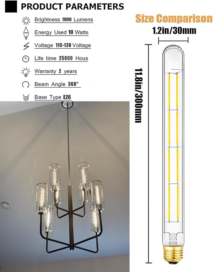 E26 Tubular Light Bulb,Dimmable Long Led Bulbs 10W,4000K Daylight,Equal 100 Watt Led Edison Tube Bulb,11.8in,T10 Clear Glass Cover,6Pack.