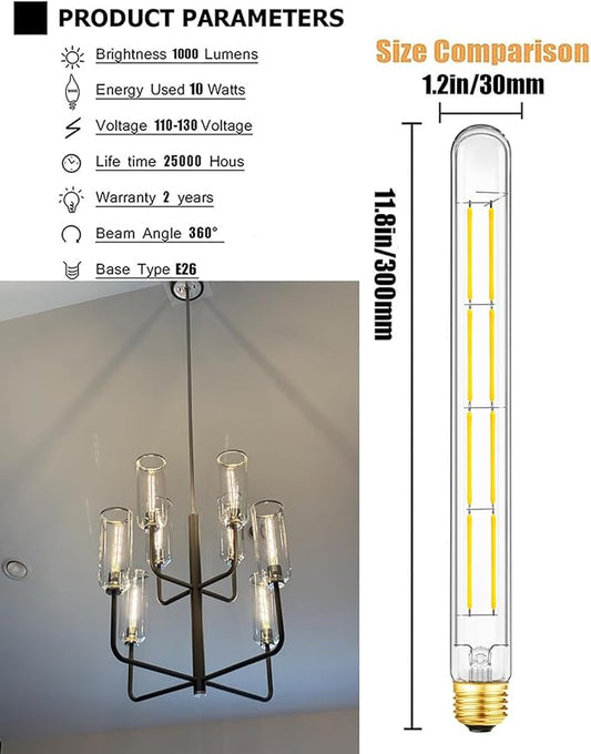 E26 Tubular Light Bulb,Dimmable Long Led Bulbs 10W,4000K Daylight,Equal 100 Watt Led Edison Tube Bulb,11.8in,T10 Clear Glass Cover,6Pack.