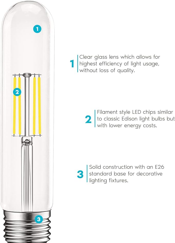LUXRITE Vintage T9 LED Tube Light Bulbs 60W Equivalent, 5000K Bright White, 550 Lumens, Dimmable Edison Tubular Light Bulbs 5W, Clear Glass, LED Filament Bulb, UL Listed, E26 Standard Base (6 Pack)