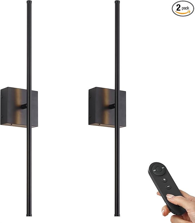 28.3 Inch Battery Operated Wall Sconces 3000K Warm White LED Wall Lights Remote Control Dimmable Set of Two 350°Rotate Wireless Lamps Home Decor for Living Room Hallway Bedroom, Black 2 Pack