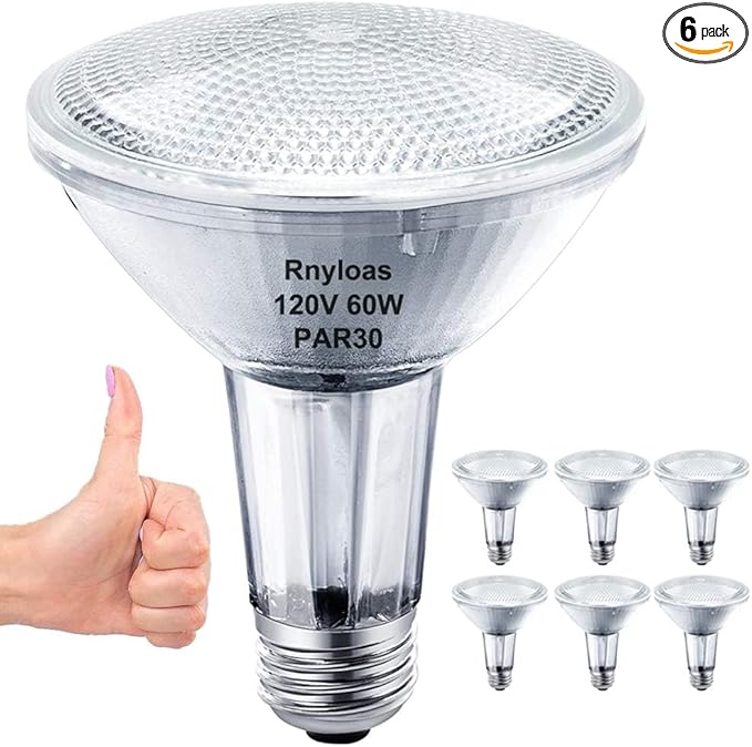 Par30 Long Neck Dimmable, 120V 60W Par30 Flood Light Bulbs 6PCS, Par30 Halogen Bulb Long Lasting, E26 Medium Base, Par30l Bulb Warm Light CRI100 for Recessed Lighting, Accent & Track Lighting