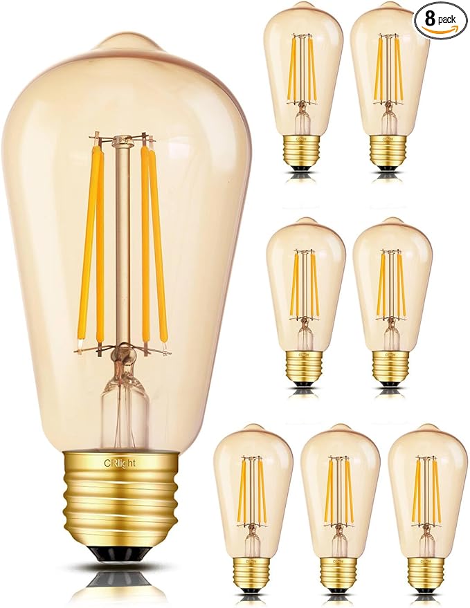 CRLight Dimmable ST58 Antique Vintage Style LED Edison Bulbs, 8W 80W Incandescent 800LM Equivalent, 2700K Warm Amber, ST19 Gilded Glass E26 Base Decorative Light, 8 Pack