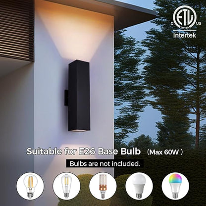 Cerdeco 2 Pack Aluminum Modern Outdoor Wall Light, 18" Exterior Up Down Light Fixtures,Black Front Door Wall Lighting with E26 Sockets [ETL Listed]