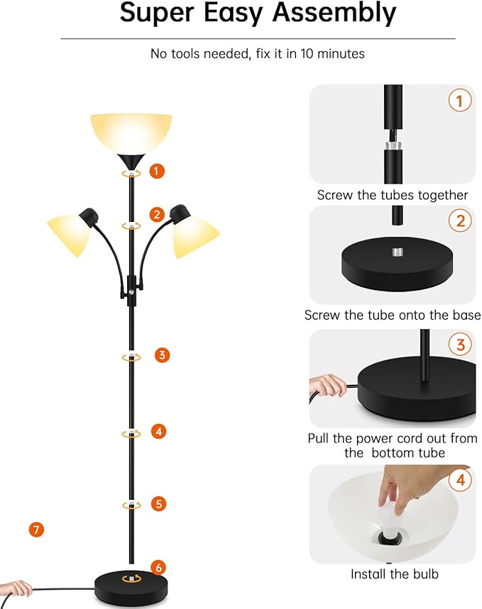 Floor Lamp Black, Standing Lamp, 71" Tall Lamps for Living Room, 3 Way Switch, Plastic Lampshade, Torchiere Floor Lamp with Reading Lamps, Modern Pole Lamps for Bedroom Kids Room E26 Base(No Bulb)