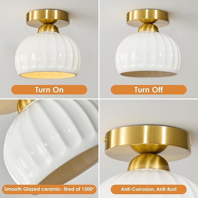 Glaze Ceramic Semi Flush Mount Ceiling Light - 2 Pack, Vintage Gold Hallway Light Fixtures, Milk White Globe Ceiling Lights, Mid Century Small Light Fixture for Cottage Entryway Laundry Room Foyer
